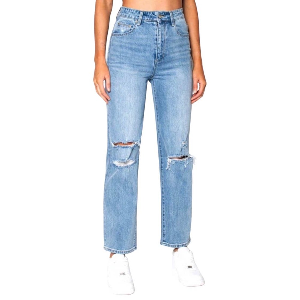 ZGY Hi Mum Ripped Straight Leg Jean in Reality Blue Trash Denim Jean